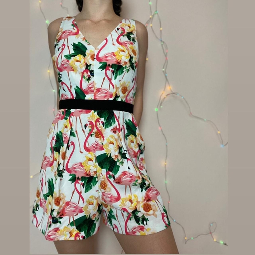 Nicole by Nicole Miller Vibrant Floral Flamingo Print Romper Sz 16